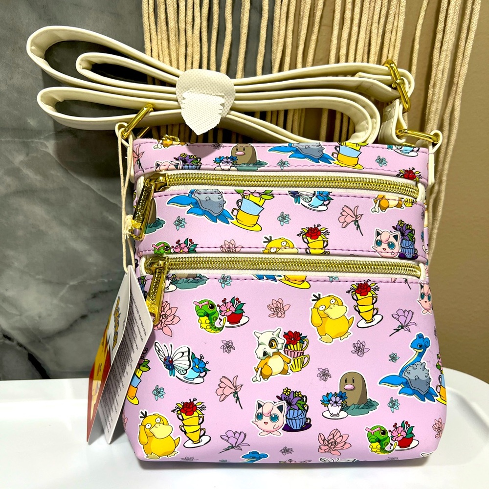 Loungefly Pokémon Characters Floral Crossbody Bag Purse Lilac background